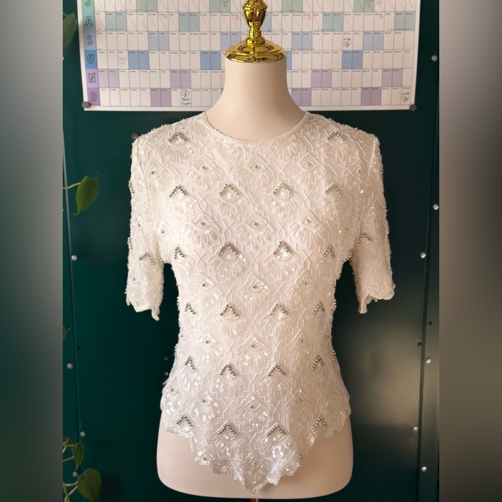 Vintage beaded scalloped silver top